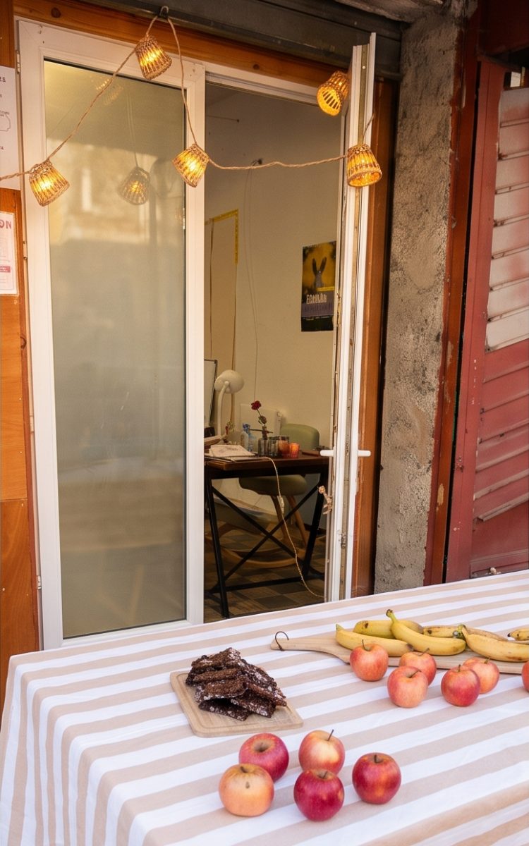 La table installée devant le local, sous une guirlande lumineuse
